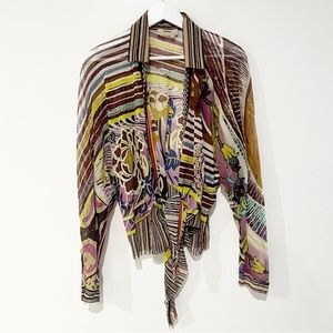 FUZZI Collared Open Front Waterfall Mesh Long Sleeve Multicolor Cover Up Jacket